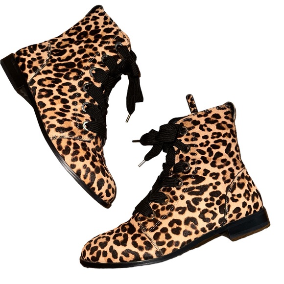 Kate Spade Romia Leopard Hair Calf Leather Side Zip Lace Front Flat Boot Size 9 - Picture 1 of 8